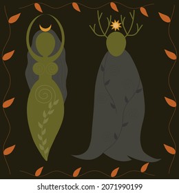 Diosa de Wiccan y dios en estilo vectorial plano