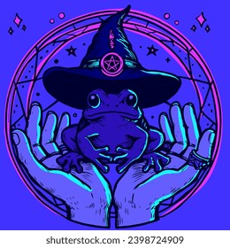 Wiccan illustration of a psychedelic and witchy frog wearing a witch hat. Vector of a purple neon toad being hold in the hands by a woman