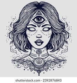 Wiccan and occult woman face with third eye, chakras and spirituality concept art. Tattoo vector of a psychedelic witchy fortune teller with runes and spells on her face.