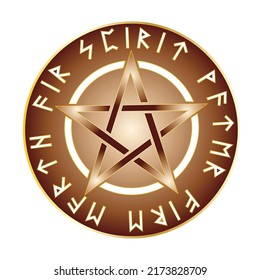 Wiccan pentagram with text "spirit, water, fire, earth, air" (five elements in Wicca religion) using Runes Elder Futhark.