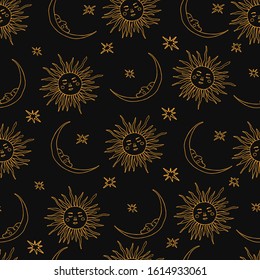 Wiccan seamless pattern with magic symbols: sun and moon. Witchcraft vector illustration in hand drawn style. Perfect for textile, magic shops, fortune tellers, tarot readers