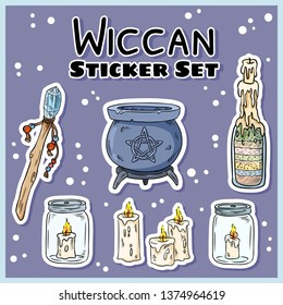 Wiccan stickers set. Collection of witchcraft labels. Witch symbols: cauldron, wand, candles