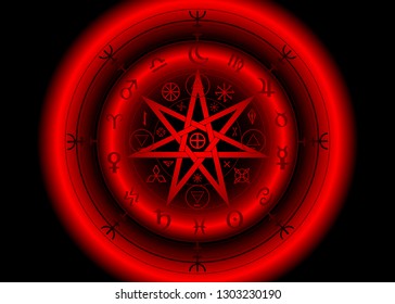 Wiccan symbol of protection. 3D Red Mandala Witches runes and alphabet, Mystic Wicca divination. Ancient occult symbols, Earth Zodiac Wheel of the Year Wicca Astrological signs, Heptagram Star vector 