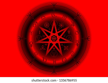 Wiccan symbol of protection. 3D Red Mandala Witches runes and alphabet, Mystic Wicca divination. Ancient occult symbols, Earth Zodiac Wheel of the Year Wicca Astrological signs, Heptagram Star vector 