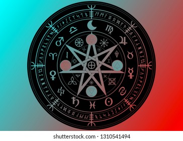 Wiccan symbol of protection. Black Mandala Witches runes and alphabet, Mystic Wicca divination. Ancient occult symbols, Earth Zodiac Wheel of the Year Wicca Astrological signs, vector isolated