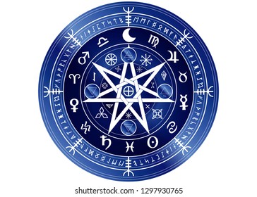Wiccan symbol of protection. Blue Mandala Witches runes and alphabet, Mystic Wicca divination. Ancient occult symbols, Earth Zodiac Wheel of the Year Wicca Astrological signs, vector isolated or white