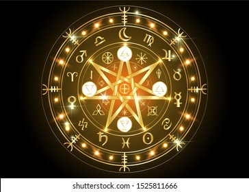 Wiccan symbol of protection. Bright Gold Mandala Witches runes, Mystic Wicca divination. Ancient occult symbols 