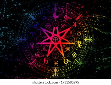 Wiccan symbol of protection. Colorful Mandala Witches runes, Mystic Wicca divination. Vintage Ancient occult symbols, Earth Zodiac Wheel of the Year Wicca Astrological signs, vector isolated on black