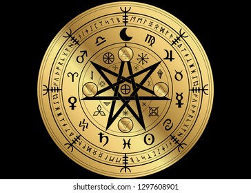 Wiccan symbol of protection. Gold Mandala Witches runes, Mystic Wicca divination. Ancient occult symbols, Earth Zodiac Wheel of the Year Wicca Astrological signs, vector isolated or black background