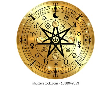 Wiccan symbol of protection. Gold Mandala Witches runes, Mystic Wicca divination. Ancient occult symbols, Earth Zodiac Wheel of the Year Wicca Astrological signs, vector isolated or white background