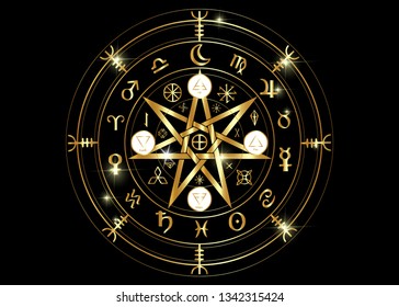 Wiccan symbol of protection. Gold Mandala Witches runes, Mystic Wicca divination. Ancient occult symbols, Earth Zodiac Wheel of the Year Wicca Astrological signs, vector isolated or black background