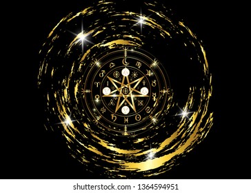 Wiccan symbol of protection. Gold Mandala Witches runes, Mystic Wicca divination. Ancient occult symbols, Earth Zodiac Wheel of the Year Wicca Astrological signs, vector isolated or black background