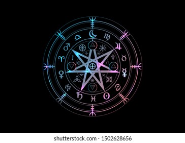 Wiccan symbol of protection. Mandala Witches runes, Mystic Wicca divination. Ancient occult symbols, Earth Zodiac Wheel of the Year Wicca Astrological signs, vector isolated light neon on black