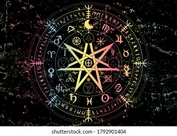 Wiccan symbol of protection. Mandala Witches runes, Mystic Wicca divination. Boho style Colorful Ancient occult symbols, Earth Zodiac Wheel of the Year Astrological signs, vector isolated or black 