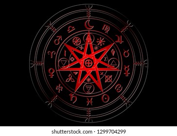 Wiccan symbol of protection. Red Mandala Witches runes, Mystic Wicca divination. Ancient occult symbols, Earth Zodiac Wheel of the Year Wicca Astrological signs, vector isolated or black background 3D