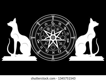 Wiccan symbol of protection. Set of Mandala Witches runes and cats, Mystic Wicca divination. Ancient occult symbols, Earth Zodiac Wheel of the Year Wicca Astrological signs, vector isolated on black