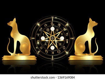 Wiccan symbol of protection. Set of Mandala Witches runes and golden cats, Mystic Wicca divination. Old Ancient occult symbols, Earth Zodiac Wheel of the Year Wicca Astrological signs, vector isolated