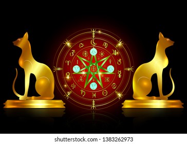 Wiccan symbol of protection. Set of Mandala Witches runes and golden cats, Mystic Wicca divination. Old Ancient occult symbols, Earth Zodiac Wheel of the Year Wicca Astrological signs, vector isolated