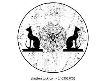 Wiccan symbol of protection. Set of Mandala Witches runes and black cats, Mystic Wicca divination. Ancient occult symbols, Earth Zodiac Wheel of the Year Wicca Astrological signs round vector isolated