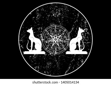 Wiccan symbol of protection. Set of Mandala Witches runes and white cats, Mystic Wicca divination. Ancient occult symbols, Earth Zodiac Wheel of the Year Wicca Astrological signs round vector isolated