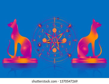 Wiccan symbol of protection. Set of psychedelic Mandala Witches runes and cats, Mystic Wicca divination. Old colorful Ancient occult symbols, Earth Zodiac Wheel of the Year Wicca Astrological signs