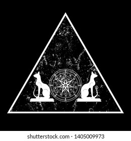 Wiccan symbol of protection. Triangle Mandala Witches runes and black cats, Mystic Wicca divination. Ancient occult symbols, Earth Zodiac Wheel of the Year Wicca Astrological signs vector isolated
