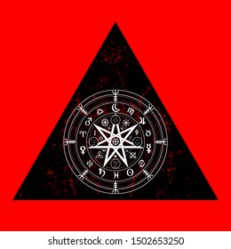 Wiccan symbol of protection. Triangle Mandala Witches runes, Mystic Wicca divination. Ancient occult symbols, Earth Zodiac Wheel of the Year Wicca Astrological signs, vector isolated or red background