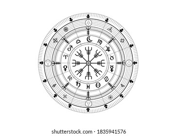 Wiccan symbol of protection. Vegvisir, The Viking Compass, Mystic Wicca divination. Ancient occult symbols, Earth Zodiac Wheel of the Year Wicca Astrological signs, vector isolated or white background