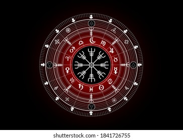 Wiccan symbol of protection. Vegvisir, The Viking Compass, Mystic Wicca divination. Ancient occult symbols, Earth Zodiac Wheel of the Year Wicca Astrological signs, vector isolated or black background