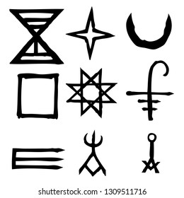 Wiccan symbols imaginary cross symbols, inspired by antichrist pentagram and witchcraft. Vector.