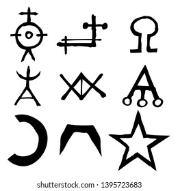 Wiccan symbols imaginary cross symbols, inspired by antichrist pentagram and witchcraft. Vector.