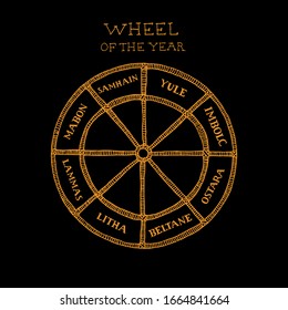 Wiccan wheel of the year concept. Celtic calendar of annual festivals and holidays. Hand drawn vector illustration of pagan witches traditions in sketch style on black background