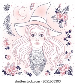 Wiccan witch. Vector Illustration in black and white. Young woman with long blond hair and magic hat. Alchemy, tattoo art, t-shirt design, adult magic coloring book. Pagan goddess. 