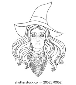 Wiccan witch. Vector Illustration in black and white. Young woman with long blond hair and magic hat. Alchemy, tattoo art, t-shirt design, adult magic coloring book. Pagan goddess. 