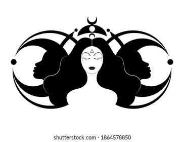 Wiccan woman icon, Triple goddess symbol of moon phases. Hekate, mythology, Wicca, witchcraft. Triple Moon Religious Wiccan sign. Logo Neopaganism symbol. Crescent, half and full moon, vector isolated svg