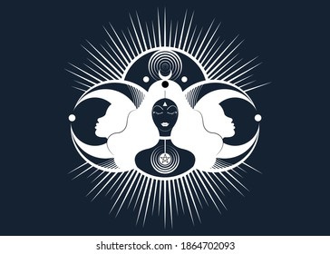 Wiccan woman icon, Triple goddess symbol of moon phases. Hekate, mythology, Wicca, witchcraft. Triple Moon Religious Wiccan sign. Logo Neopaganism symbol. Crescent, half and full moon, vector isolated