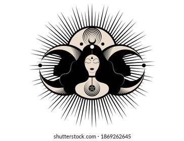 Wiccan woman icon, Triple goddess symbol of moon phases. Hekate, mythology, Wicca, witchcraft. Triple Moon Religious Wiccan sign. Logo Neopaganism symbol. Crescent, half and full moon, vector isolated svg