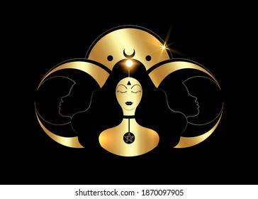 Wiccan woman icon, Triple goddess symbol of moon phases. Hekate, mythology, Wicca, witchcraft. Triple Moon Religious Wiccan sign. Gold Neopaganism logo. Crescent, half and full moon, vector isolated