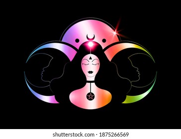 Wiccan woman icon, Triple goddess symbol of moon phases. Hekate, mythology, Wicca, witchcraft. Triple Moon Religious Wiccan sign. Metal Neopaganism logo. Crescent, half and full moon, vector isolated