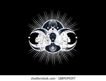 Icono de mujer de Wiccan, símbolo de la diosa triple de las fases de la luna. Hekate, mitología, Wicca, brujería. Cartel de Triple Luna Religiosa Wiccan. Símbolo del logo neopaganismo. Creciente, media luna llena, vectorial aislado