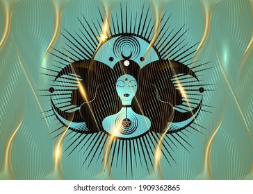 Wiccan woman icon, Triple goddess symbol of moon phases, Wicca, witchcraft. Triple Moon Religious mythology sign. Neopaganism logo. Crescent, half and full moon, vector on gold waves blue background 