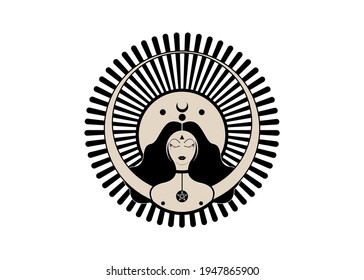 Icono de mujer de Wiccan, símbolo de la diosa triple de las fases de la luna. Hekate, mitología, Wicca, brujería. Cartel de Triple Luna Religiosa Wiccan. Símbolo del logo neopaganismo. Creciente, media luna llena, vectorial aislado