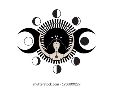 Wiccan woman icon, Triple goddess symbol of moon phases. Triple Moon Religious Wicca sign. Neopaganism logo. Lunar calendar cycles. New, Full Moon, Waning Crescent, First and Last Quarter. Vector 