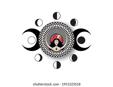 Icono de mujer de Wiccan, símbolo de la diosa triple de las fases de la luna. Cartel de la Triple Luna Religiosa de Wicca. Logo del neopaganismo. Ciclos del calendario lunar. Luna nueva, Luna llena, Creciente Waning, Primer y Último Trimestre. Vector 