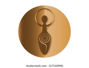 Wiccan Woman Logo, Spiral Goddess Of Fertility, Pagan Symbols, Cycle Of Life, Death And Rebirth. Wicca Mother Earth Symbol Of Sexual Procreation, Vector Gold Sign Icon Isolated On White Background 