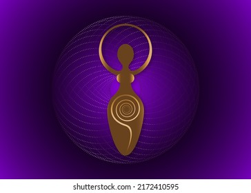 Wiccan Woman Logo, Spiral Goddess Of Fertility, Pagan Symbols, Cycle Of Life, Death And Rebirth. Wicca Mother Earth Symbol Of Sexual Procreation, Vector Gold Sign Icon Isolated On Purple Background 