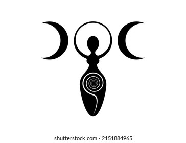 Wiccan Woman Logo triple moon goddess, spiral of fertility, Pagan Symbols, cycle of life, death and rebirth. Wicca mother earth symbol of sexual procreation, vector tattoo sign icon isolated on white 