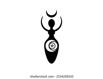 Wiccan Woman Logo triple moon goddess, crescent moon, pentacle pagan symbols, cycle of life, death and rebirth. Wicca mother earth symbol of sexual procreation, vector tattoo icon isolated on white