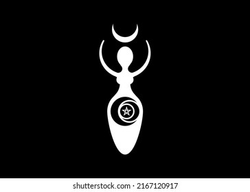 Wiccan Woman Logo Triple Moon Goddess, Crescent Moon, Pentacle Pagan Symbols, Cycle Of Life, Death And Rebirth. Wicca Mother Earth Symbol Of Sexual Procreation, Vector Tattoo Icon Isolated On Black