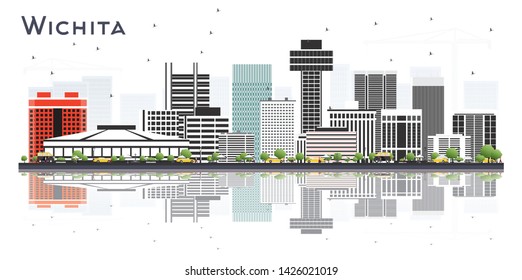 Wichita Kansas City Skyline with Gray Buildings and Reflections Isolated on White. Vector Illustration. Business Travel and Tourism Concept with Modern Architecture. Wichita Cityscape with Landmarks. 